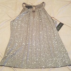 NWT I.N.C. Sequined Keyhole Halter Top - Taupe -L